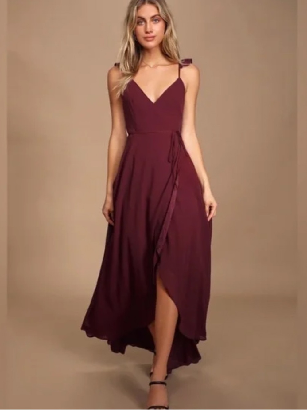 Lulu's Burgundy V-Neck Spaghetti Strap High-Low Wrap Maxi Dress